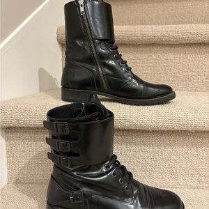 Modern Vintage- Black Leather Lace-Up Combat Boots with Buckle Cuffs